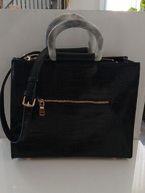 Urban Expressions Black Croc-Embossed Satchel with Marble-Effect Handles